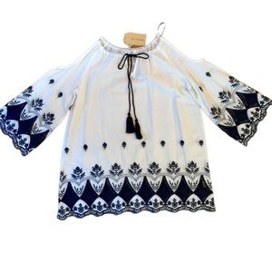 Blu Pepper White Cold Shoulder Tunic Navy Embroidery Tassel Tie Small